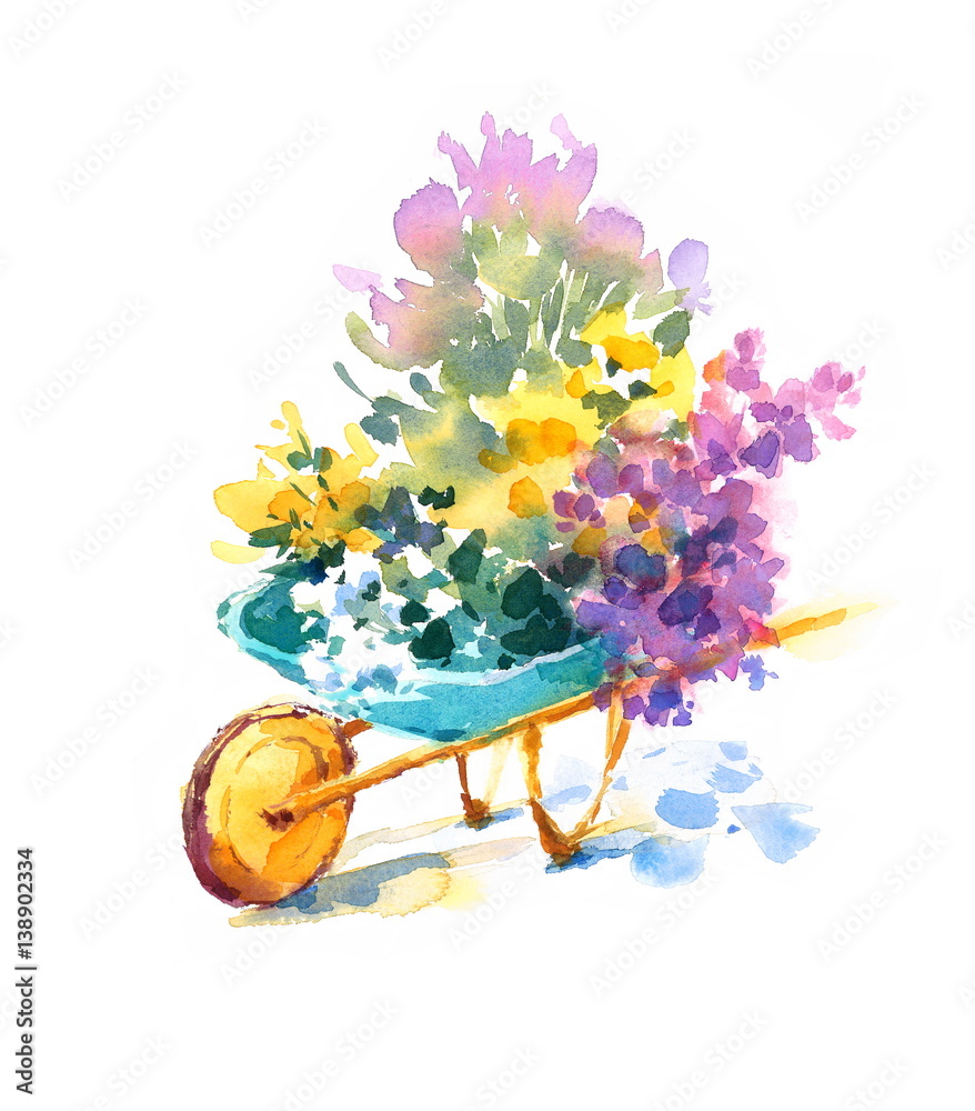 Watercolor Teal Blue Garden Cart Wheelbarrow With Beautiful Flowers Hand Painted Summer Vintage Illustration isolated on white background