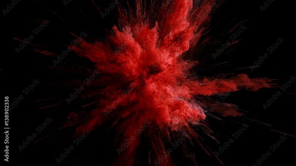 Cg animation of red powder explosion on black background. Slow motion movement with acceleration in the beginning. Has alpha matte