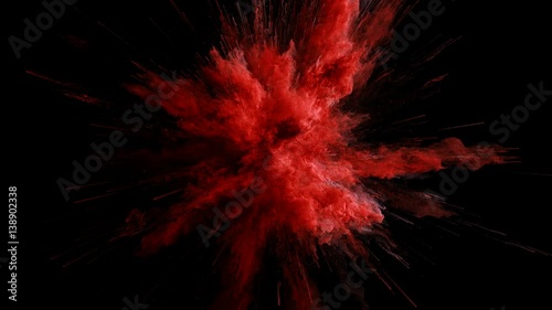 Cg animation of red powder explosion on black background. Slow motion movement with acceleration in the beginning. Has alpha matte