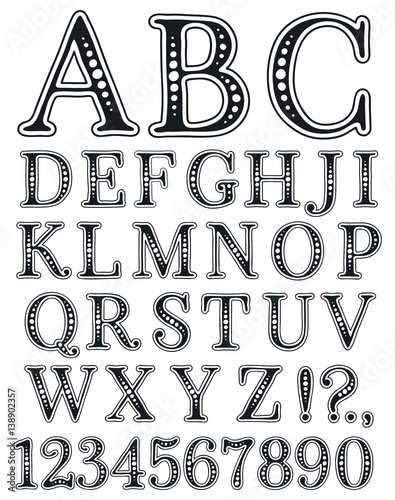 Handwritten vintage alphabet. Retro black and white hand drawn font.  Doodle typographic symbols.