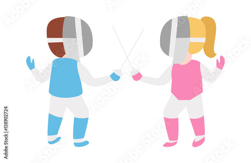 Children epee fencing lunge competition activity kid in pink and blue uniform with mask and weapon swordplay attack classical style fighting vector illustration.