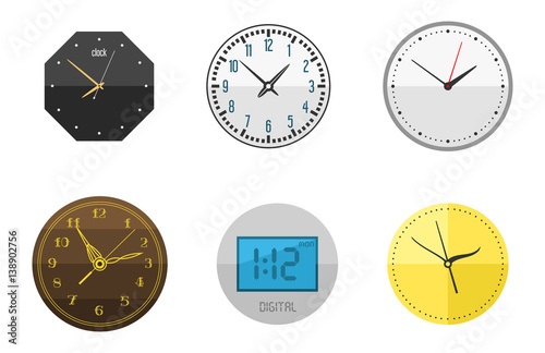Wall clock circle sign with chronometer pointer collection and deadline stopwatch speed office alarm timer minute watch vector illustration icons set.