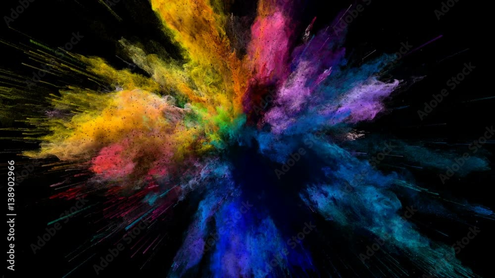 Cg animation of color powder explosion on black background. Slow motion movement with acceleration in the beginning and orbiting camera. Has alpha matte.