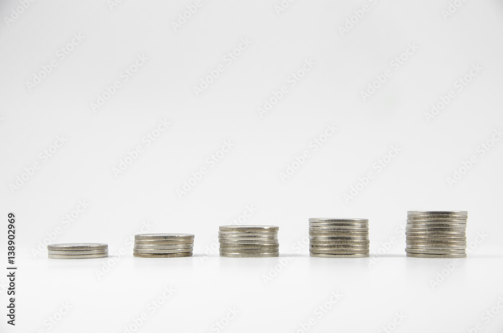 five thai coin stacks on white background five thai coin stacks on white background