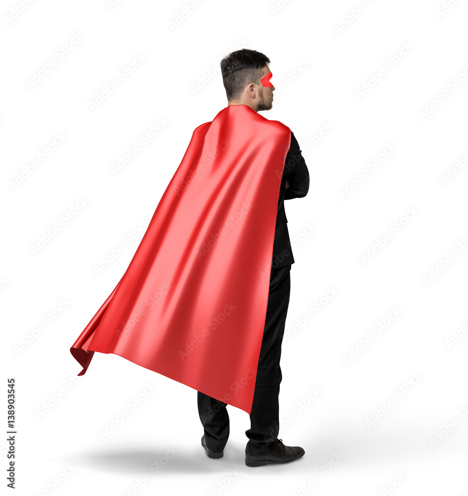 A lone businessman in red flowing cape in side 45 degrees view on white background. A lone businessman in red flowing cape in side 45 degrees view on white background.