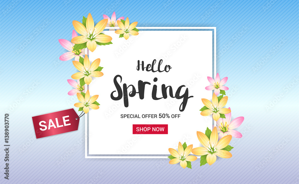 Spring sales banner background or poster with blossom flower frame