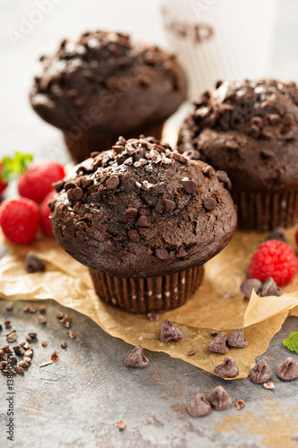 Double chocolate muffins with raspberry