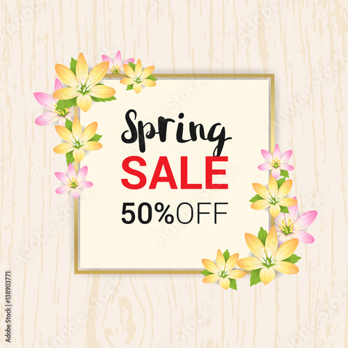 Spring sales banner background or poster with blossom flower frame © beinluck