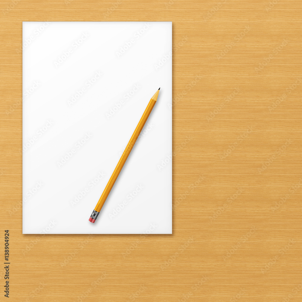 Sheet of office paper with yellow pencil on wooden background with soft shadows. Above view. 3D illustration. Sheet of office paper with yellow pencil on wooden background with soft shadows. Above view. 3D illustration.