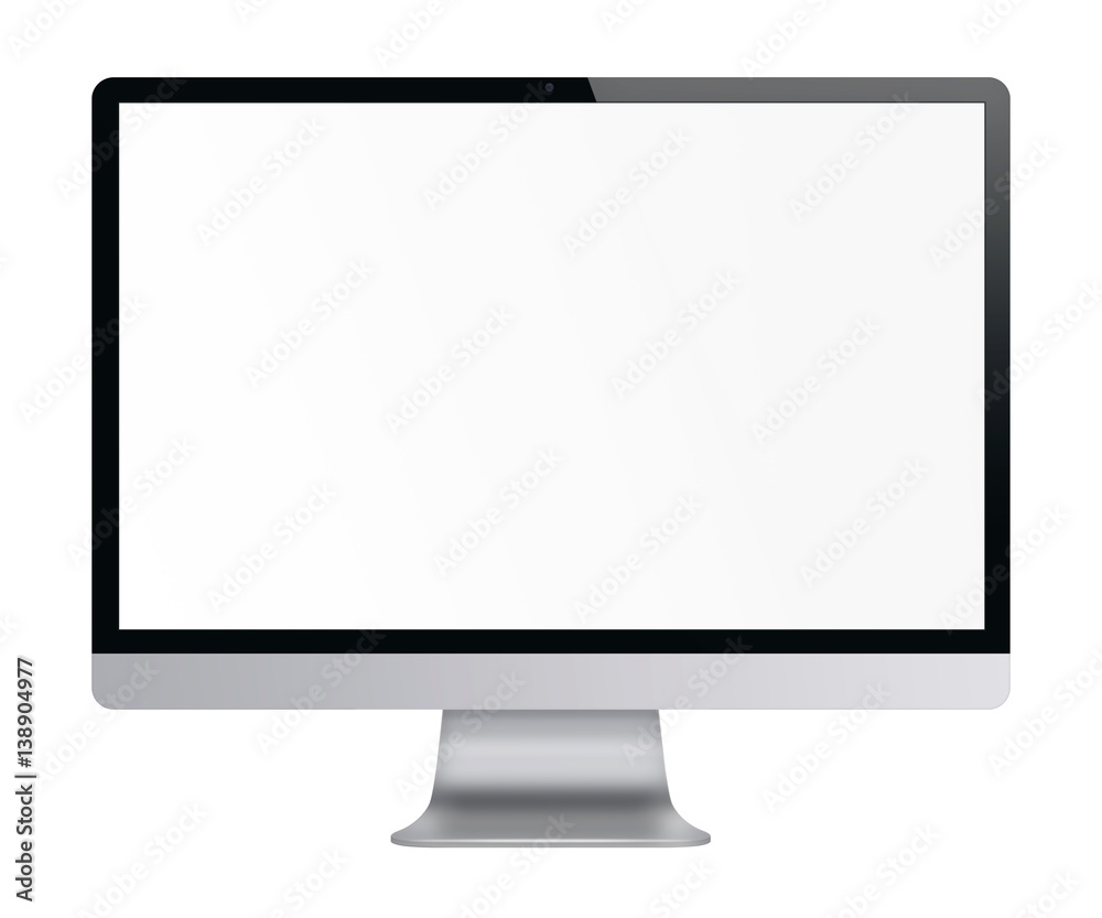Computer display with white blank screen. Front view. Isolated on white background. 3D illustration. Computer display with white blank screen. Front view. Isolated on white background. 3D illustration.