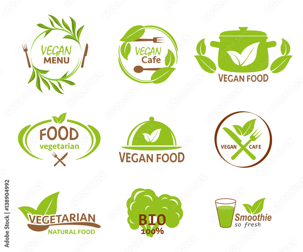 set of eco labels for vegetarian restaurants, organic products on an isolated background