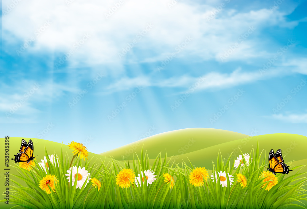 Naklejka premium Spring nature landscape background with flowers and butterflies. Vector.