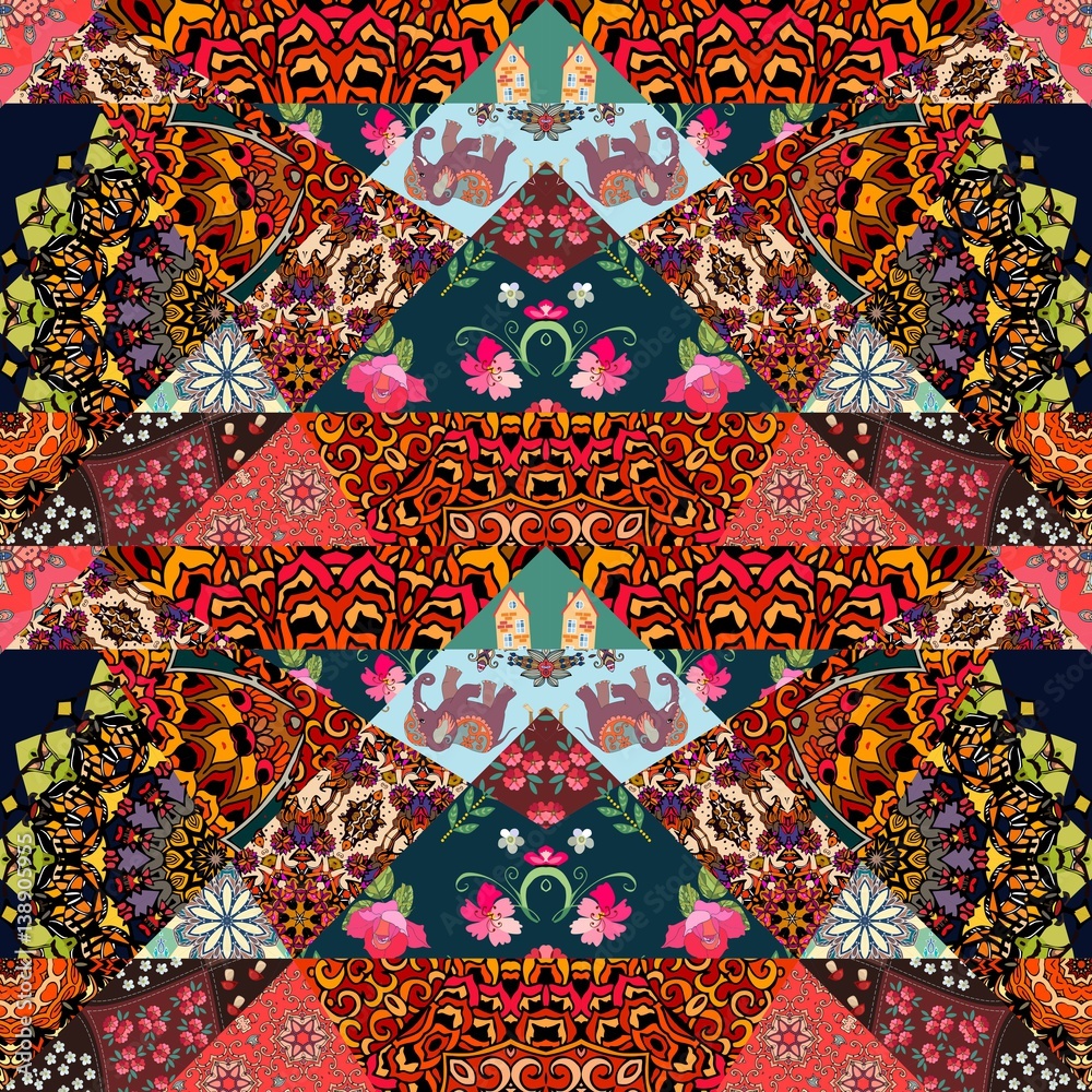 Fototapeta premium Festive patchwork pattern in ethnic style with flower - mandala, mallow, rose, house, elephant and abstract prints. Bright illustration. Hippie design. Blanket, wrapping, pillowcase.