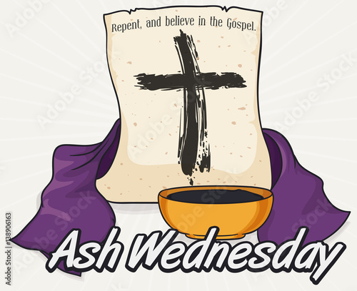 Ash Cross in Scroll, Stole and Bowl for Ash Wednesday, Vector Illustration