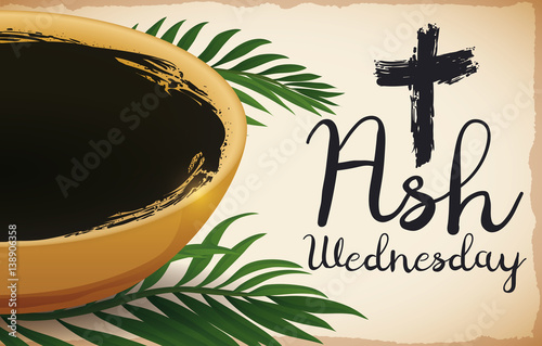 Bowl and Some Palm Leaves for Ash Wednesday, Vector Illustration