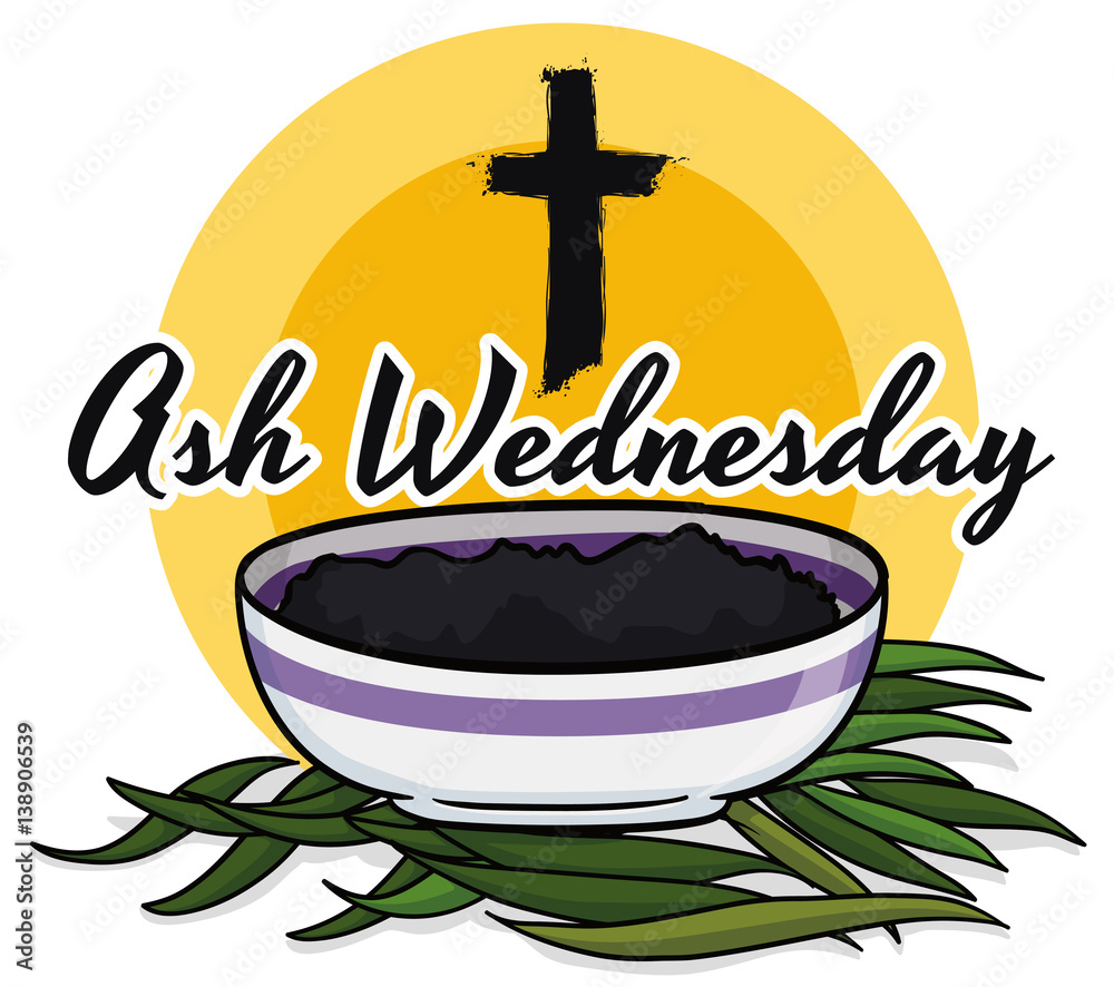 Promotional Poster for Ash Wednesday with Palms, Cross and Bowl, Vector