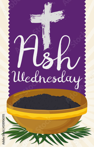 Ash Wednesday Design with Cross, Purple Stole, Bowl and Palms, Vector Illustration