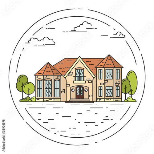 Suburb landscape with private separate house, yard on white background