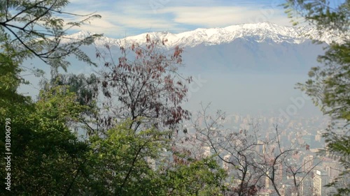 View of the Santiago and the Alpes in Santiago of Chile. The city is the cultural, political and financial center of Chile and is home to the regional headquarters of many multinational corporations.