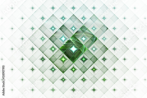 Abstract geometric ornament with glowing sparkles on white background. Fantasy fractal design in green colors. Psychedelic digital art. 3D rendering.