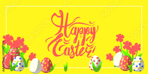 Vector greeting card for happy easter with hand lettering calligraphy and Illustrations in landscape composition