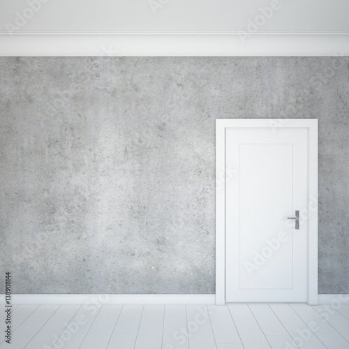 Empty room interior with grey concrete wall and white parquet