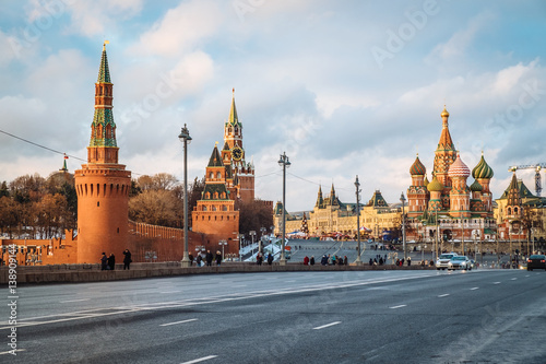 Kremlin and Cathedral of St. Basil at the Red Square in Moscow, Russia, outdoor landmarks. Famous sightseeing points of Moscow city center.