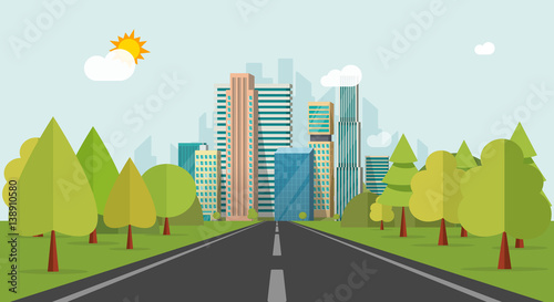 Road way to city buildings on horizon vector illustration, highway cityscape flat style, modern big hight skyscrapers town far away ahead, forest perspective landscape and city view