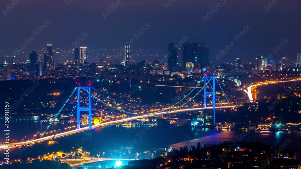 Istanbul. The Bosphorus Bridge, also known as the First Bridge. It is one of three suspension bridges spanning the Bosphorus strait and connecting Europe and Asia. 