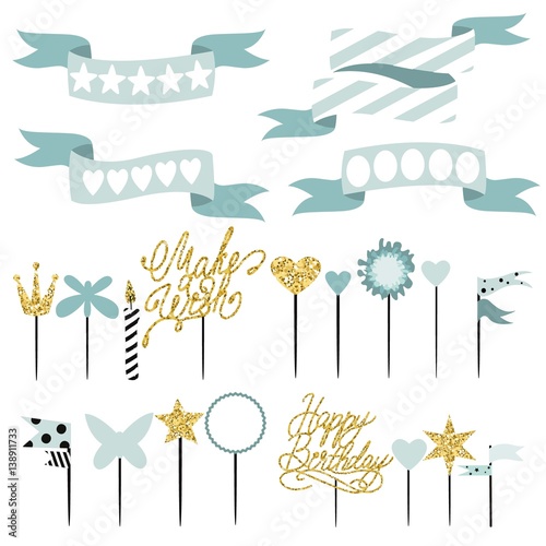 Set of decoration, toppers, candles and garlands with flags.
