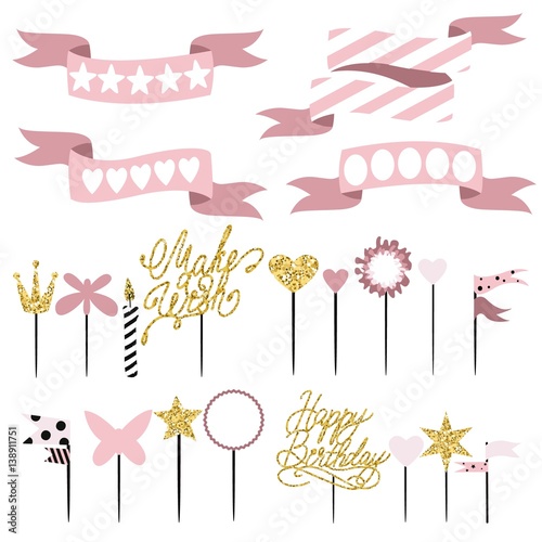 Set of decoration, toppers, candles and garlands with flags