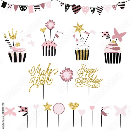 Celebratory cakes with set of decorations, toppers, candles and garlands