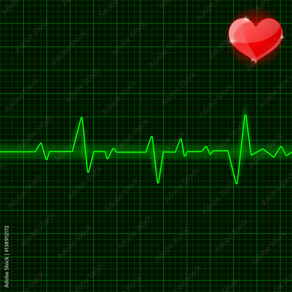 Green electrocardiogram. Waves with red heart symbol Green electrocardiogram. Waves with red heart symbol