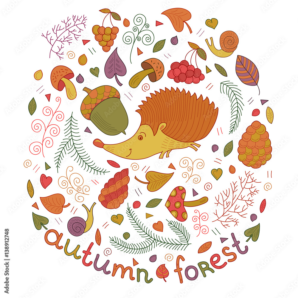 Autumn forest set in vector. Fall collection with hedgehog, leafs, branches, berries, mushrooms etc. in cartoon style Autumn forest set in vector. Fall collection with hedgehog, leafs, branches, berries, mushrooms etc. in cartoon style