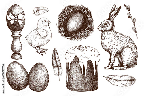 Vector collection of cute retro illsutrations for easter design. Happy Easter Day design elements. Vintage hand drawn sketch set.