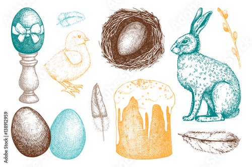 Vector collection of cute retro illsutrations for easter design. Happy Easter Day design elements. Vintage hand drawn sketch set.