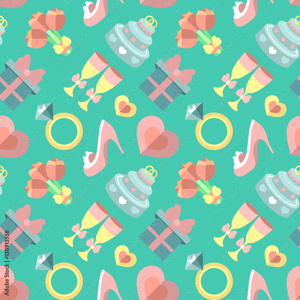 Wedding vector seamless pattern with gift, heart, stemware, rings etc. in flat style. Bridal endless flat background. Wedding vector seamless pattern with gift, heart, stemware, rings etc. in flat style. Bridal endless flat background.