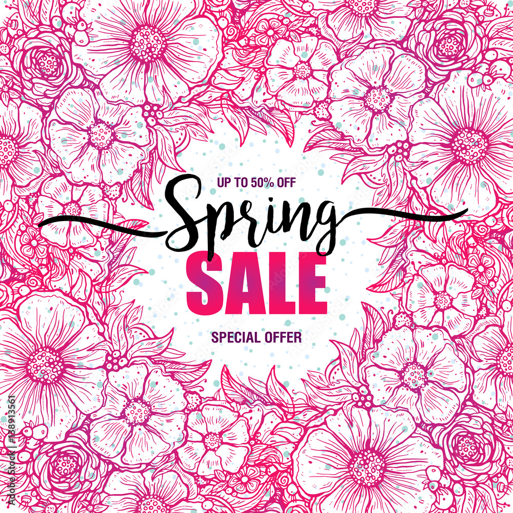 poster Spring sales on a round wreath background. Card, label, flyer, typography poster, banner design element. Vector illustration