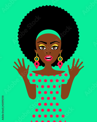 Wow woman. Sexy surprised afro american woman with open mouth and big earrings spreading her hands. Vector flat bright illustration in retro comic style.