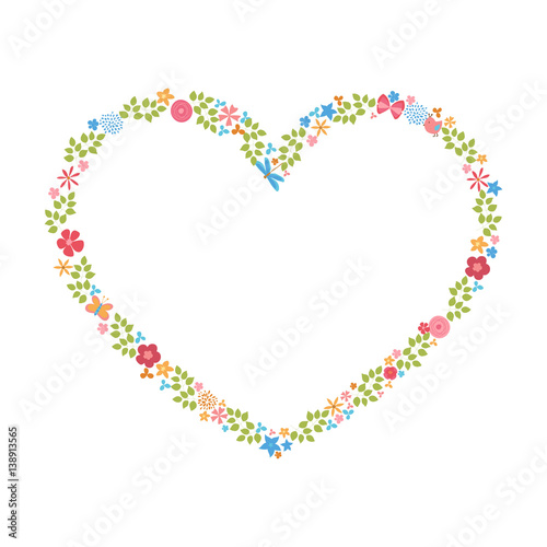 Heart shape frame made with doodle leaves