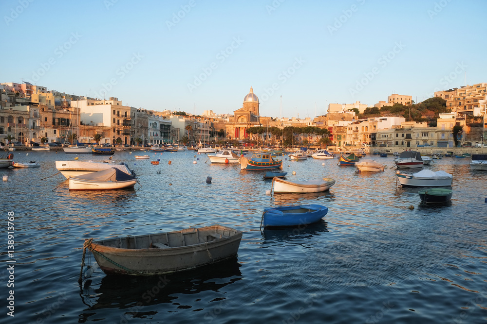 The view of the Kalkara bay in the sunset light, Malta.