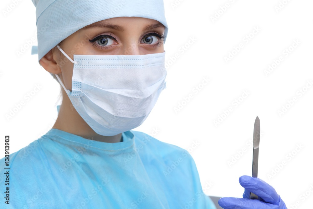 Close up of surgeon woman looking at camera, isolated. Surgery and medicine concept Close up of surgeon woman looking at camera, isolated. Surgery and medicine concept