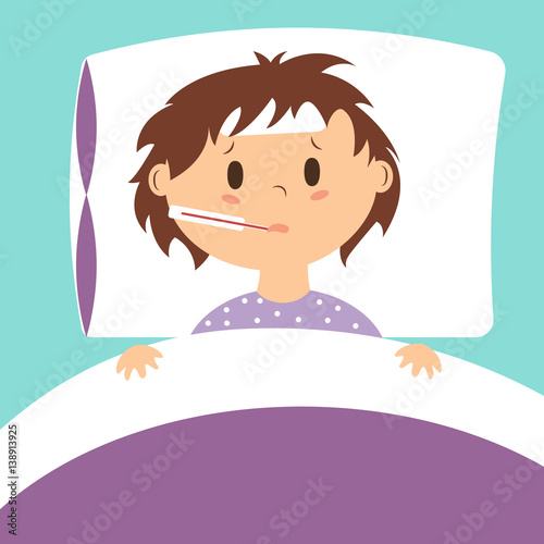 Vector image of sick kid in bed