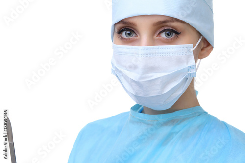 Close up of surgeon woman looking at camera, isolated. Surgery and medicine concept