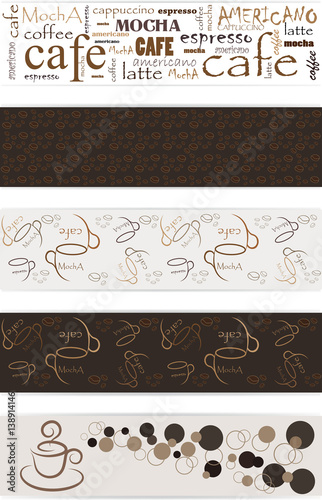 Banner set of Coffee theme.Seamless coffee pattern. Vector seamless illustration with image of  coffee cups, coffee beans, coffee words