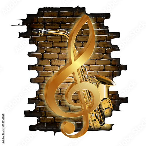 Vector illustration golden treble clef on a background of a brick wall and saxophone. Isolated objects can be used with any image or text.