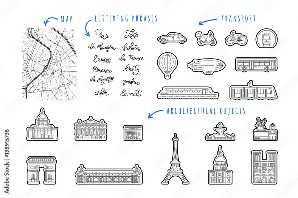Set icon of Paris in a linear style buildings, architectural attractions, transport, phrases, lettering on the theme of Paris. This set can be used to create maps, design printing, printing on fabric.