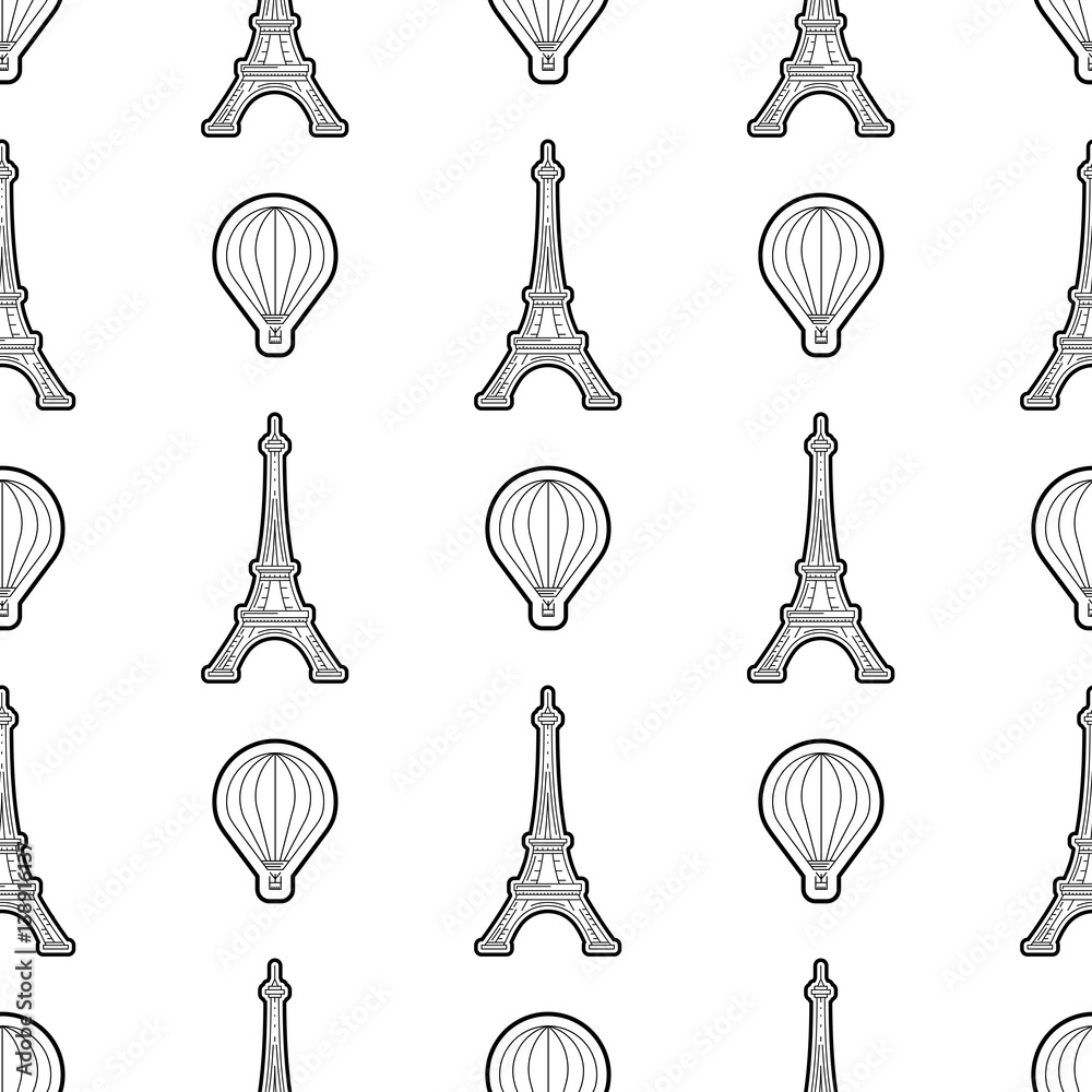 Seamless pattern black on a white background with the image of the symbol of France and Paris the Eiffel tower, in a linear fashion