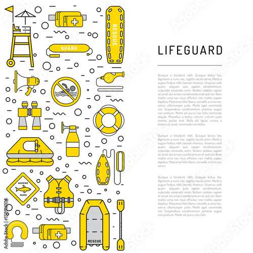 Vector line icons of rescue equipment, life-saving in water isolated on white background. Elements of equipment of the rescuer and rescue station