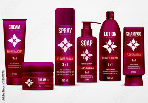 Set of realistic red cosmetic bottle, container and tube. Mockup for branding product cream, soap, shampoo, lotion, spray. Advertising design template. Vector illustration on white background.